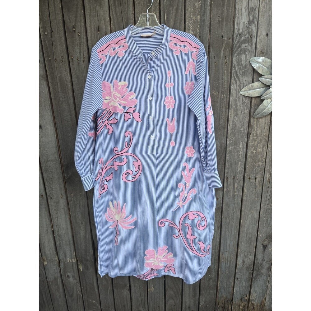 Tory Burch Embroidered Tunic Dress Blue White Stripe Pink Floral Applique Sz S/P